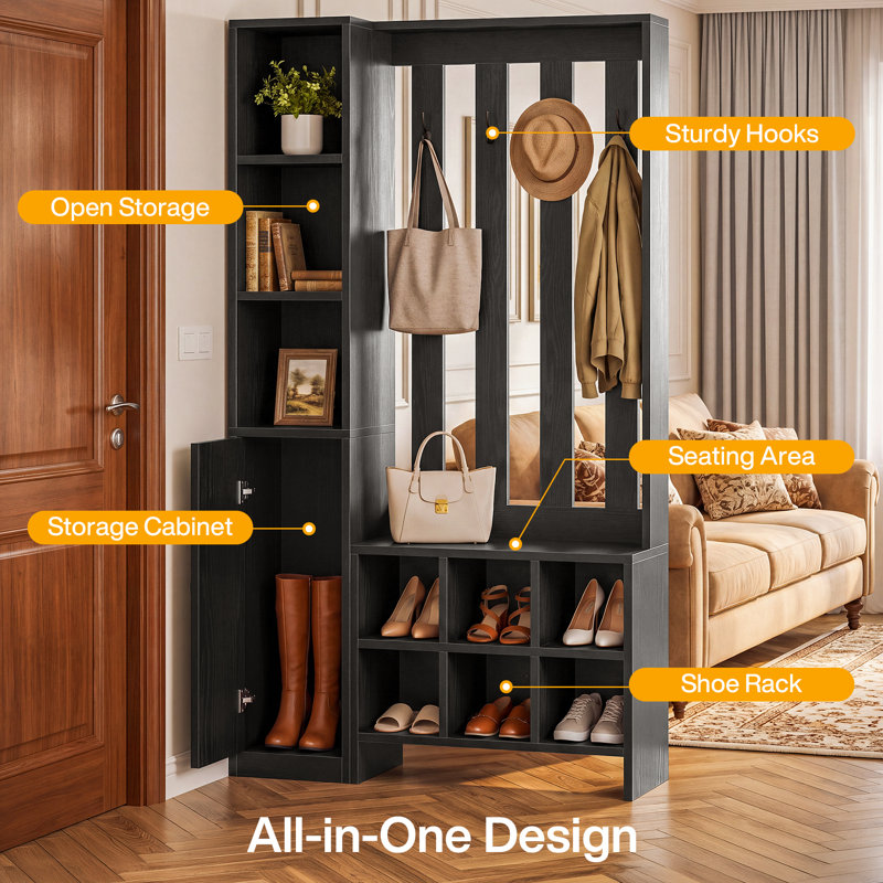 Cloison 70 po x 70,87 po avec banc et portemanteau, cloison autoportante en bois, noir
