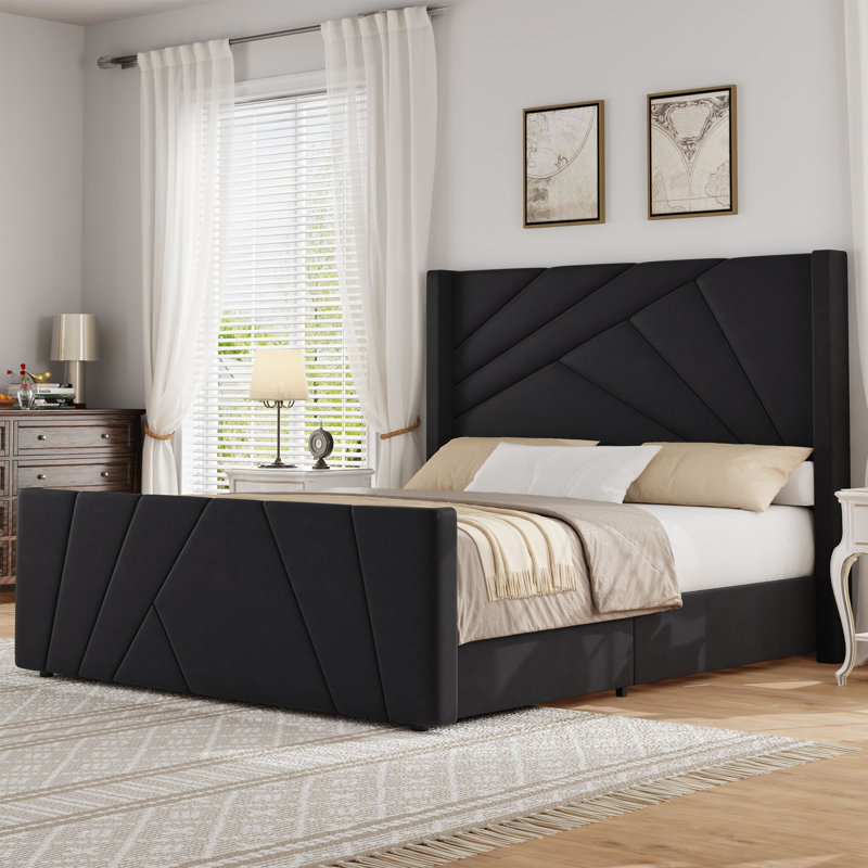 Wingback Design Velvet Upholstered Platform Bed with Geometric Tufted Headboard & Footboard, Black, Full