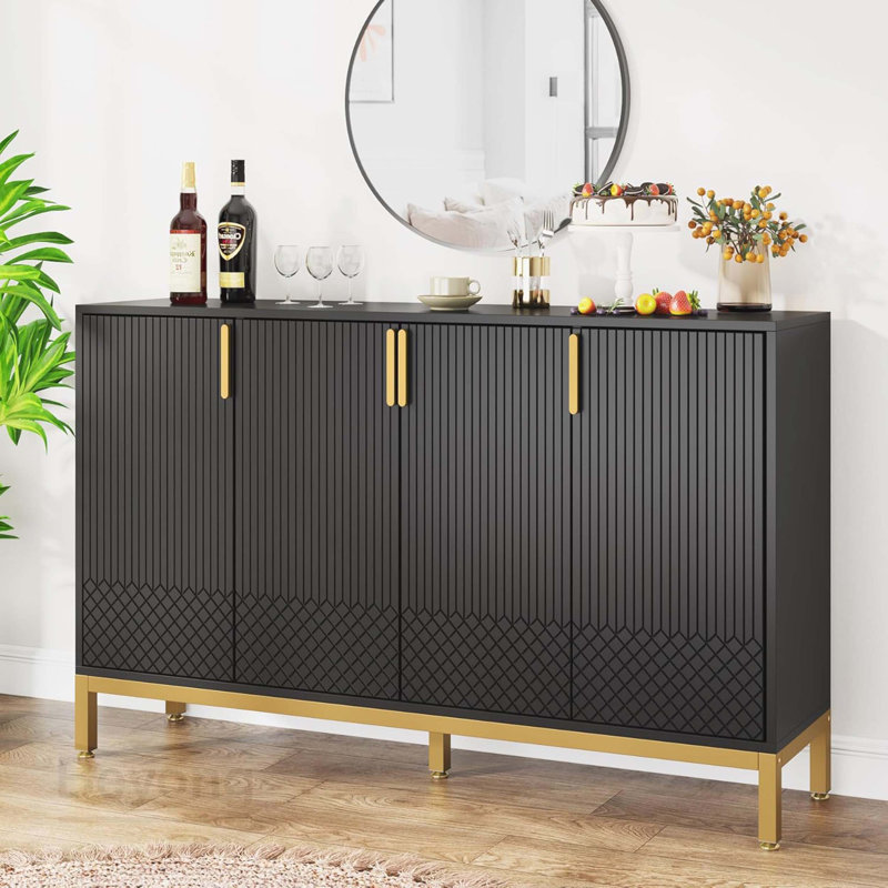 Buffet 59,74 "de luxe noir et or avec rangement et portes géométriques