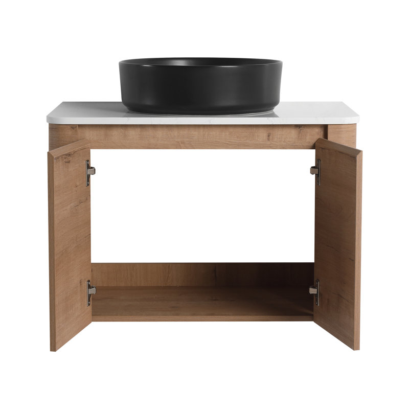 30'' Single Floating Bathroom Vanity With Ceramic Art Sink, Wall Mounted Bathroom Vanity With 2 Soft Close Doors, Black