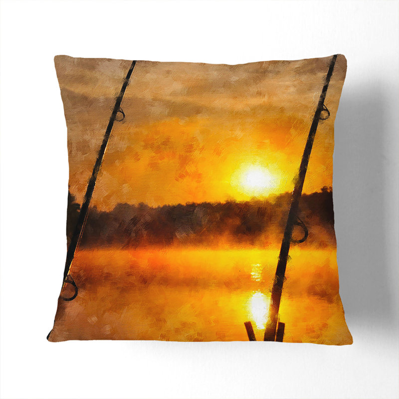 Fishing Rods And Lake Square Throw Cushion, 55cm H x 55cm W x 20cm D