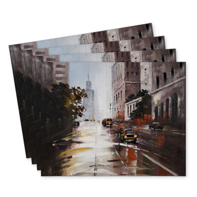Morning Street Scene Polyester Kibbe Set of 4 - Home Decor