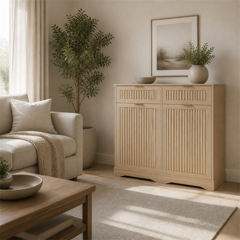Armoire à double poubelle inclinable pour 2 bacs de 10 gallons, armoire de rangement à cannelures de ferme avec 2 tiroirs et crochets, armoire de cuisine autoportante (ne comprend pas la poubelle) 