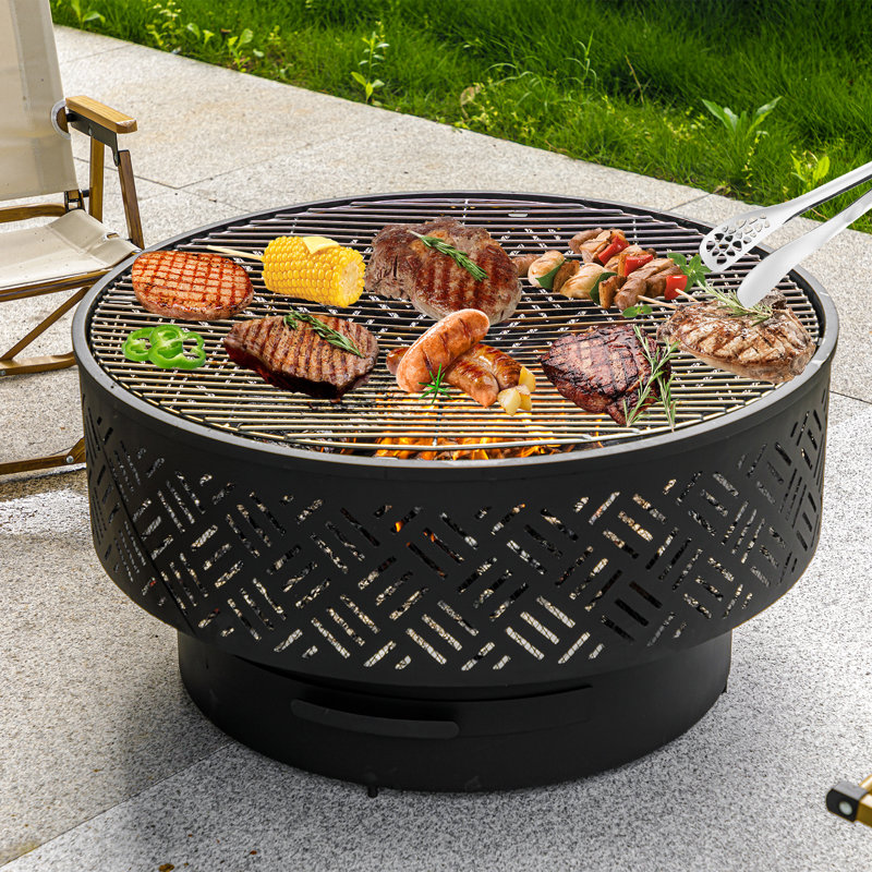 Darek Outdoor Fire Pit Table with Grill & Lid, 17" H x 32" W x 32" D, Natural/Black