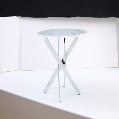 The Modern Circular Tempered Glass Tabletop Is Paired With A Silver Iron Frame, Measuring 35.43 Inches In Length.