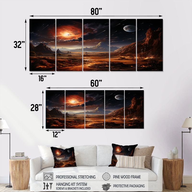 Futur Cosmic Sunrise On Moon II - Planets 5 Piece Wall Art Decor Set, 28" H x 60" W