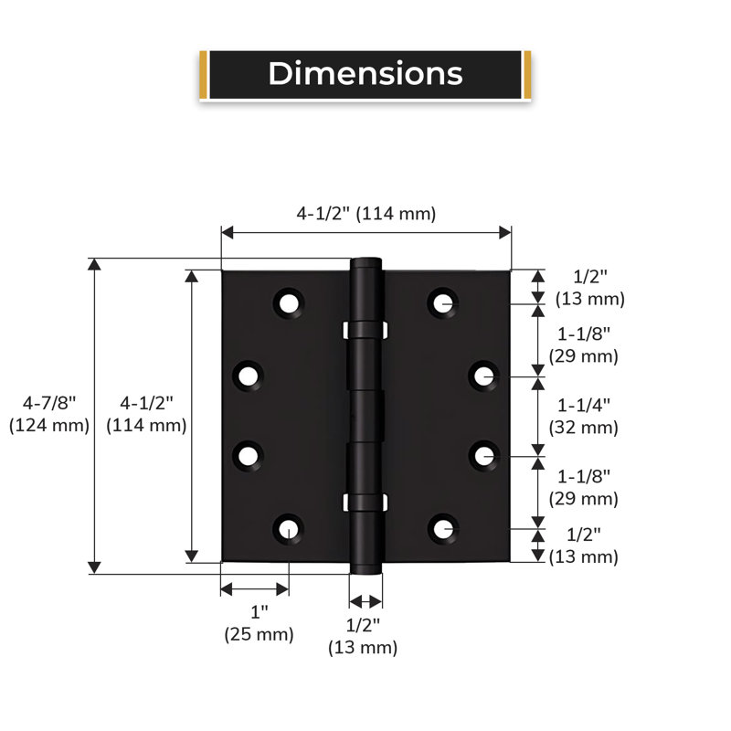 DSB45B19 Charnières carrées 4 1/2 po x 4 1/2 po, roulement à billes en peinture noire