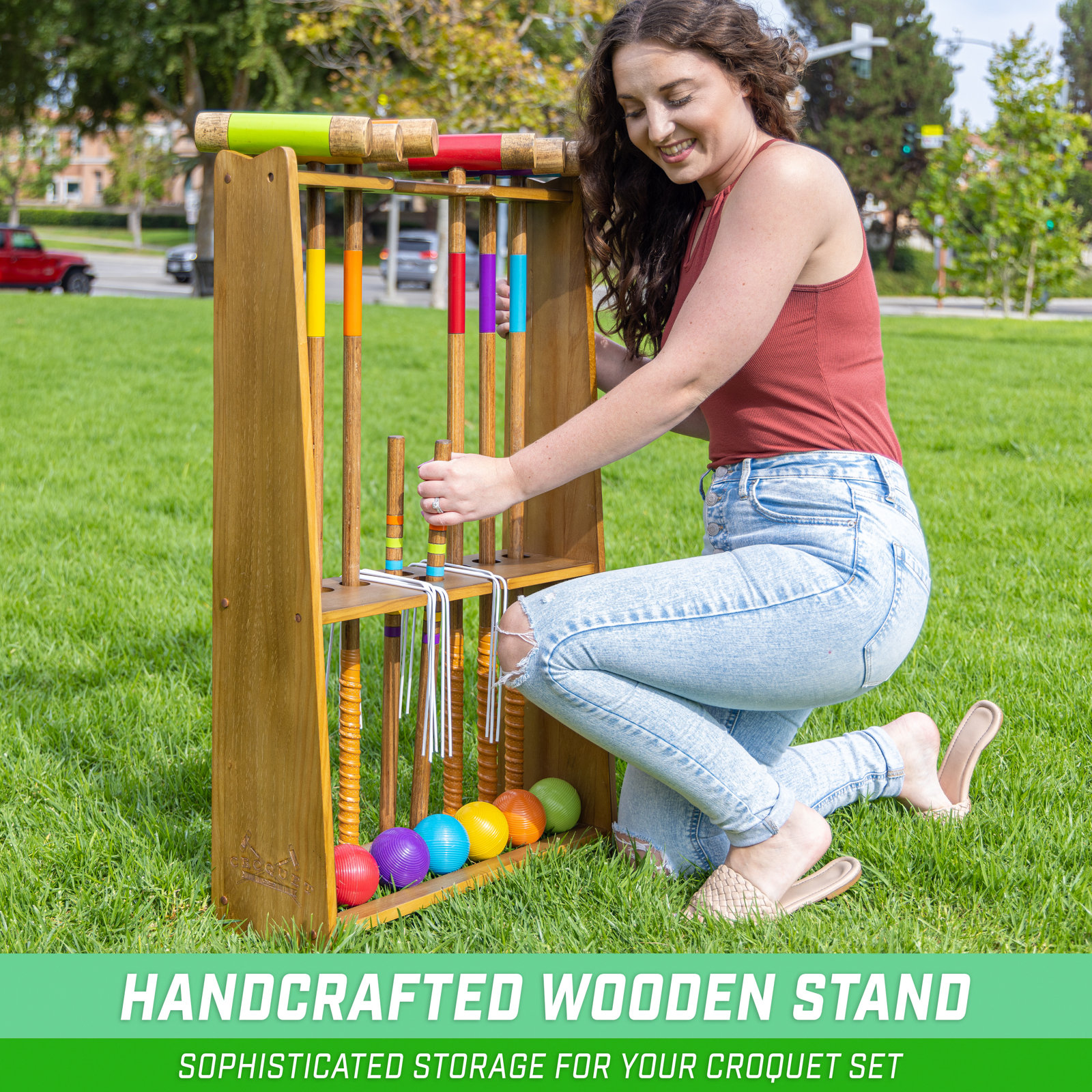  Premium Wood Stained Six Player Croquet Set With Handcrafted Wooden Stand