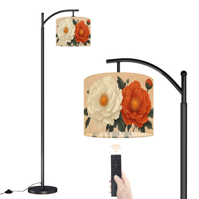 Arc Floor Lamp with Adjustable Lampshade Boho Brown Green Orange Peony Floral Vintage Flowers Red Standing Lamp 3 Color Temperatures Dimmable Tall Pole Lamp with Foot Switch for Bedroom