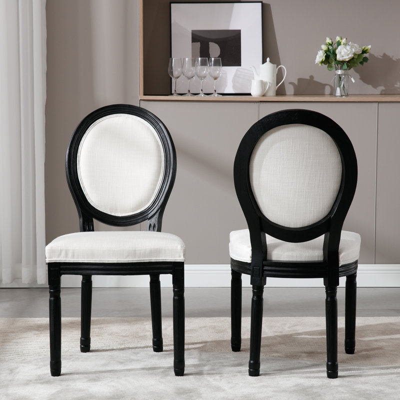 Chaises d'appoint à dossier Louis King en bois massif revêtu de lin Fiquett, Beige, Noir, noir, noir, noir