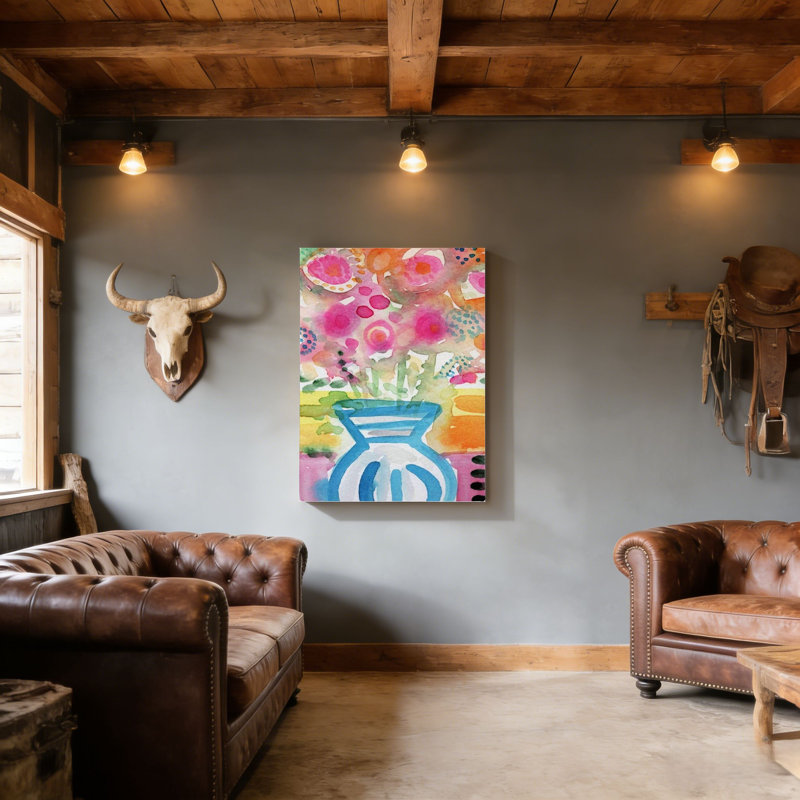 Vase bleu de fleurs, art mural encadré en bois à l'arrière, 30 L x 20 l