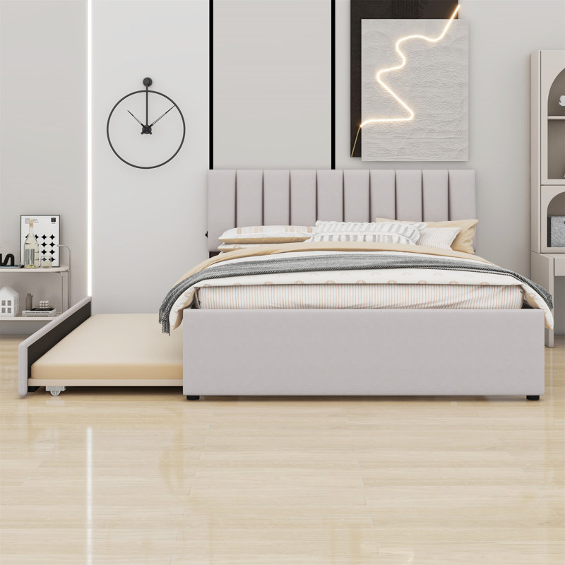 Grand lit plateforme tapissier en molleton avec gigogne, Beige, Grand