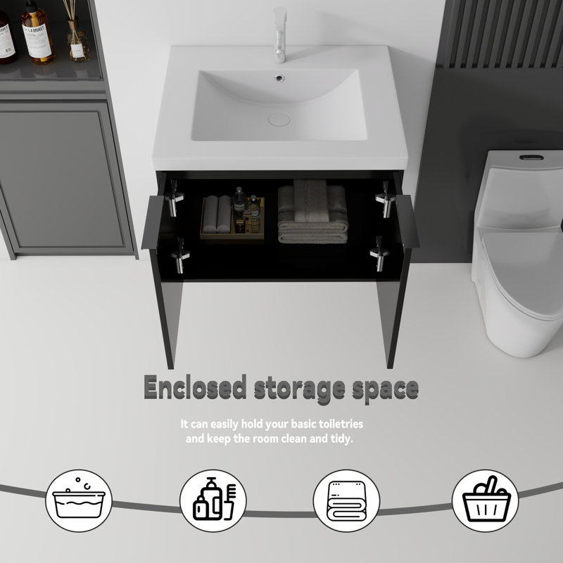 Meuble-lavabo flottant avec lavabo, Black, L 24 po