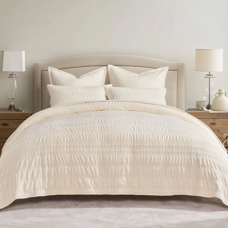 Ensemble d'édredon Ruched, Blanc, crème, Courtepointe très grand + 2 taies décoratives tr