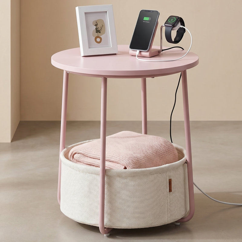 Small Round Side End Table - Modern Nightstand With Fabric Basket, Jelly Pink And Cream White