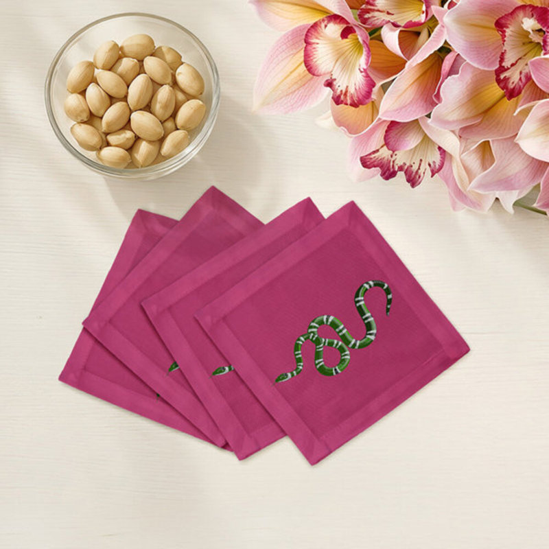 Serpent Cotton Sateen Cocktail Napkins, Raspberry