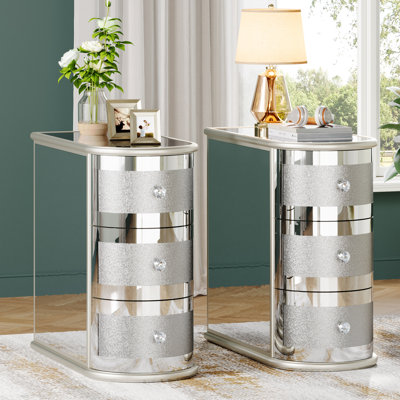 3-drawer Mirrored End Table Set, No Assembly, Modern Narrow Sofa Side Table, Wood Nightstand Bedside Table