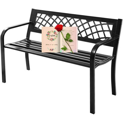 Patio Bench - Outdoor Metal Garden Bench With Armrests, 480Lbs, Cast Iron, Sturdy Steel Frame, Black