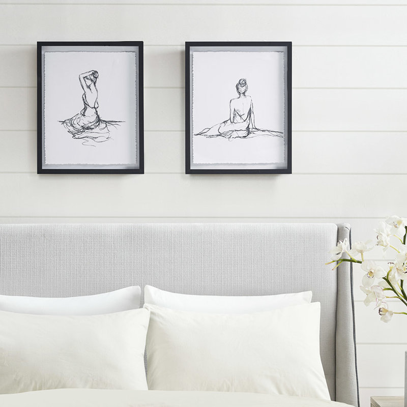 Élégant art mural - croquis de personnages noir et blanc avec impression sur papier et cintres 2 pièces
