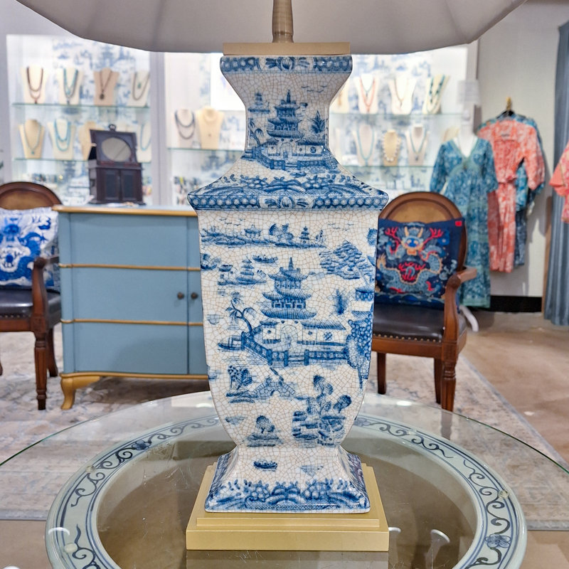 Blue Willow Hand Painted Porcelain Table Lamp with Gold Wood Base