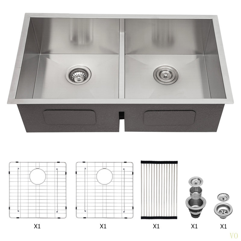 Double Bowl(50/50) Undermount Sink- 33"X19" Double Bowl Kitchen Sink 16 Gauge With Two 10" Deep Basin
