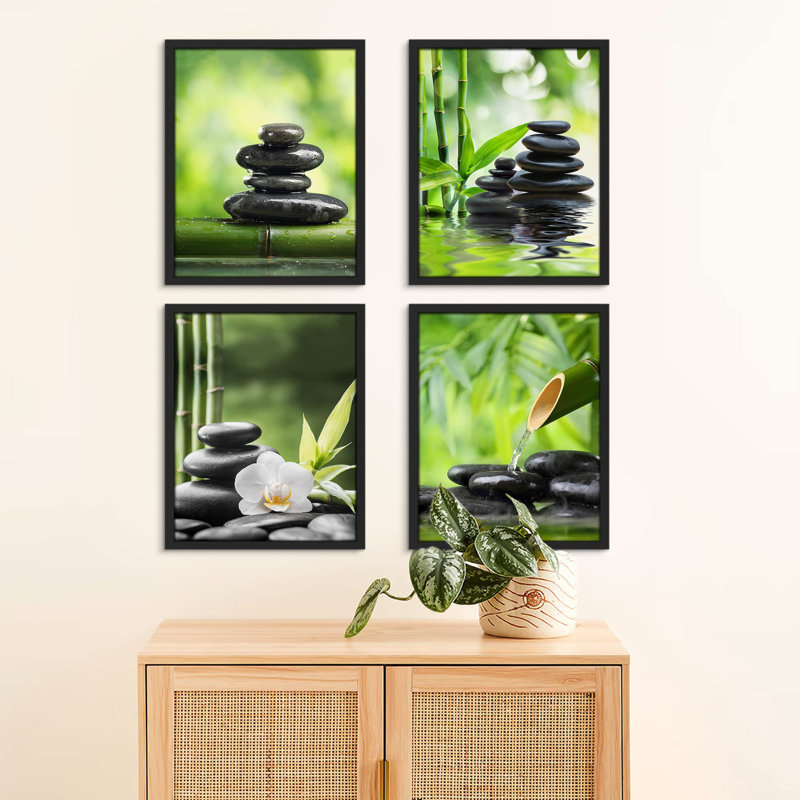 " Mediation Massage Stone Bamboo Forest Spa " 4 - Pieces, Black, 16" H x 12" W