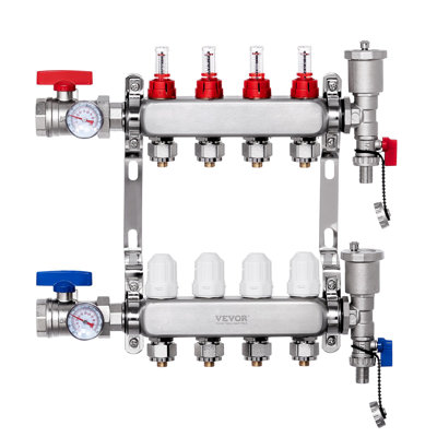 Collecteur de chaleur rayonnante à 4 branches, collecteur de tube PEX de 1/2 po, collecteur PEX en acier inoxydable pour chauffage de plancher radiant hydronique, ensemble de collecteur PEX de chaleur rayonnante avec adaptateurs de 1/2 po inclus