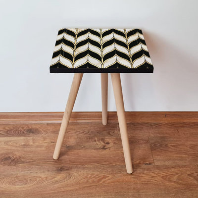 Modern Side Table with Beech Wood Legs, Black & White with Gold Accents, 13.8 x 16.5 x 13.8 inches | 100% MDF, Thickness: 0.7 inches | Geometric Design, Perfect for Living Room & Bedroom, Stylish & Functional