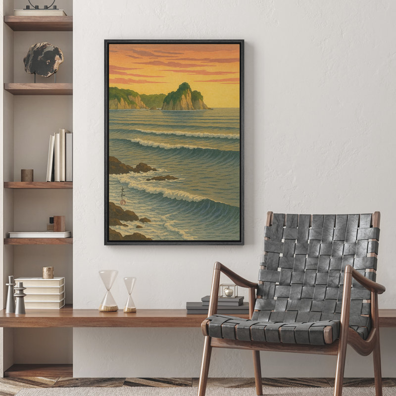 «Golden Sunset Coastal Cliff and Ocean Waves», reproduction d'art sur toile encadrée, H 24 po x l 16 po x P 1,5 po, Noir