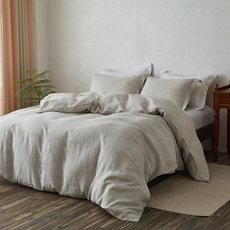 Ensemble de housse de couette 100% lin lavé - 3 pièces, 1 housse de couette et 2 taies d'oreiller, Broderie lin