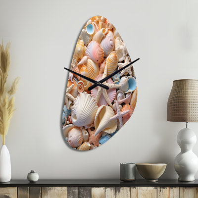 Seashell Realistic Treasures Realism - Seashell Asymmetrical Metal Wall Clock, Modern Unique Shape Wall Clock Print