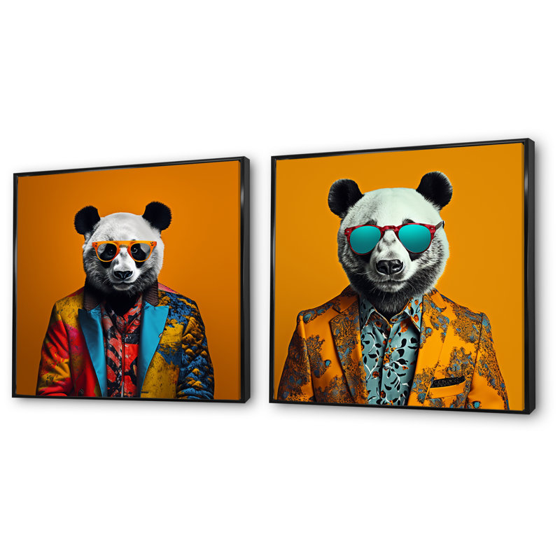 Fashion Panda In suit I - Ensemble de 2 impressions sur toile Panda, Cadre flottant noir, H 16 po x l 33 po x P 1 po
