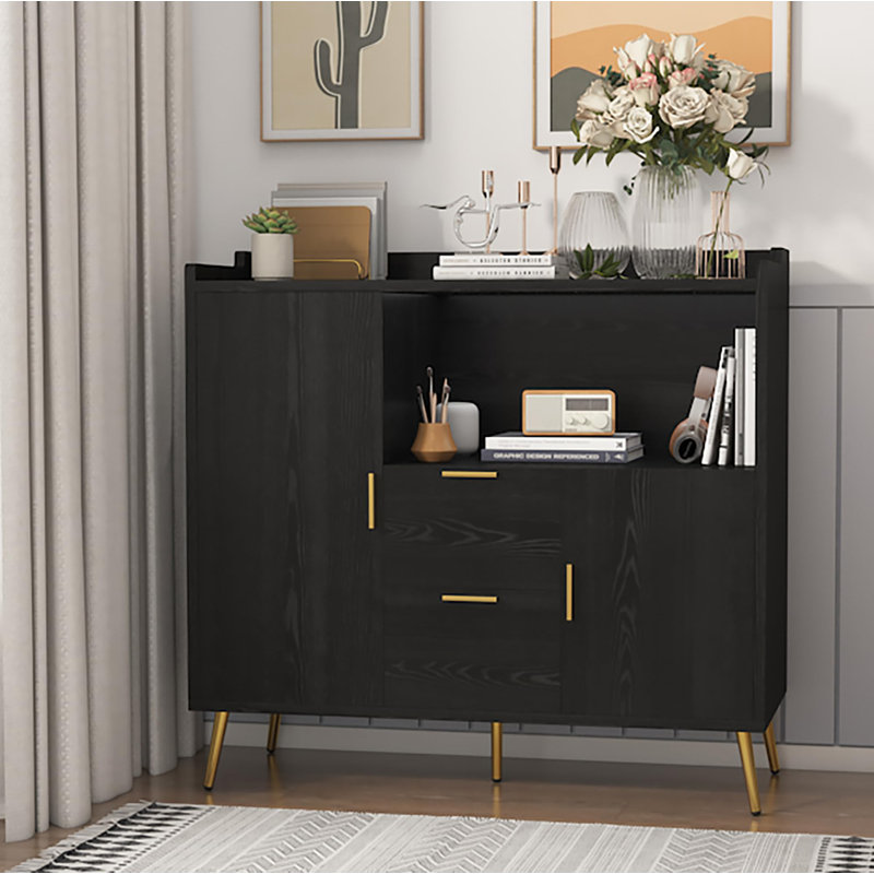 Buffet de 40 po avec 2 tiroirs, tablettes et portes, station de café moderne, Noir