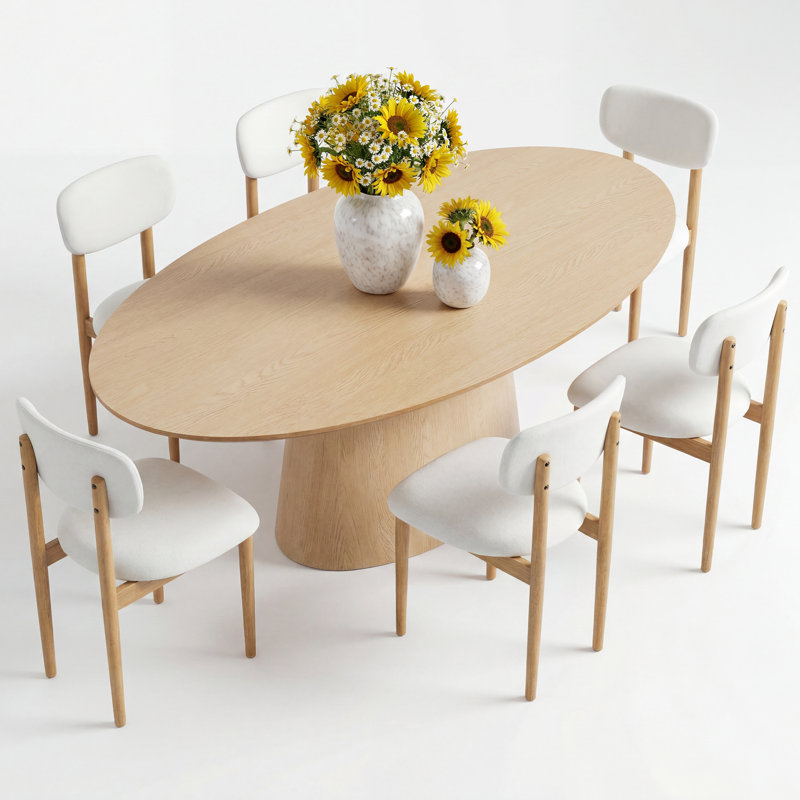 Chynthia 72" Oval Solid Wood Dining Set With Elliptical Pedestal Base, Oak