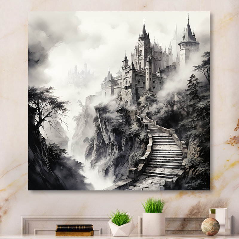 «Gray Foggy Fairytale Castle», art mural fantastique, Toile tendue, H 16 po x l 16 po x P 1 po