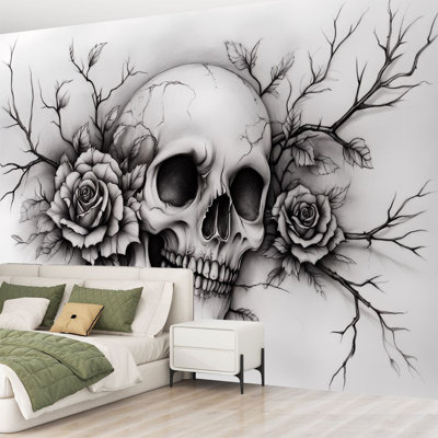 Peel and Stick Canvas Wallpaper Wall Mural Skull Boho Floral Black White Halloween Gothic Skulls Roses Floral Wall Art Self Adhesive and Removable