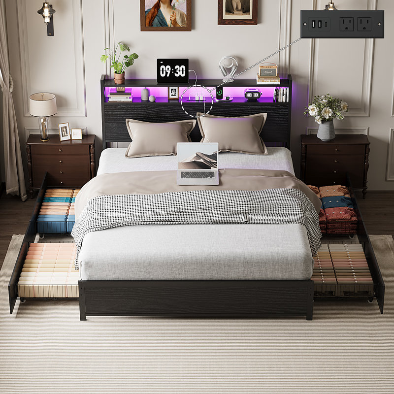 Bed Frame With 2-Tier Storage Headboard, Metal Platform Bed Frame With 4 Storage Drawers, Built In Charging Station And LED, Metal Support/No Box Spring Needed, Black