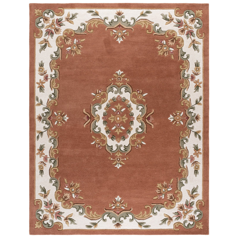 Tapis floral en laine / coton touffeté à la main Aubusson pêche / ivoire, Rectangle 8 pi x 10 pi