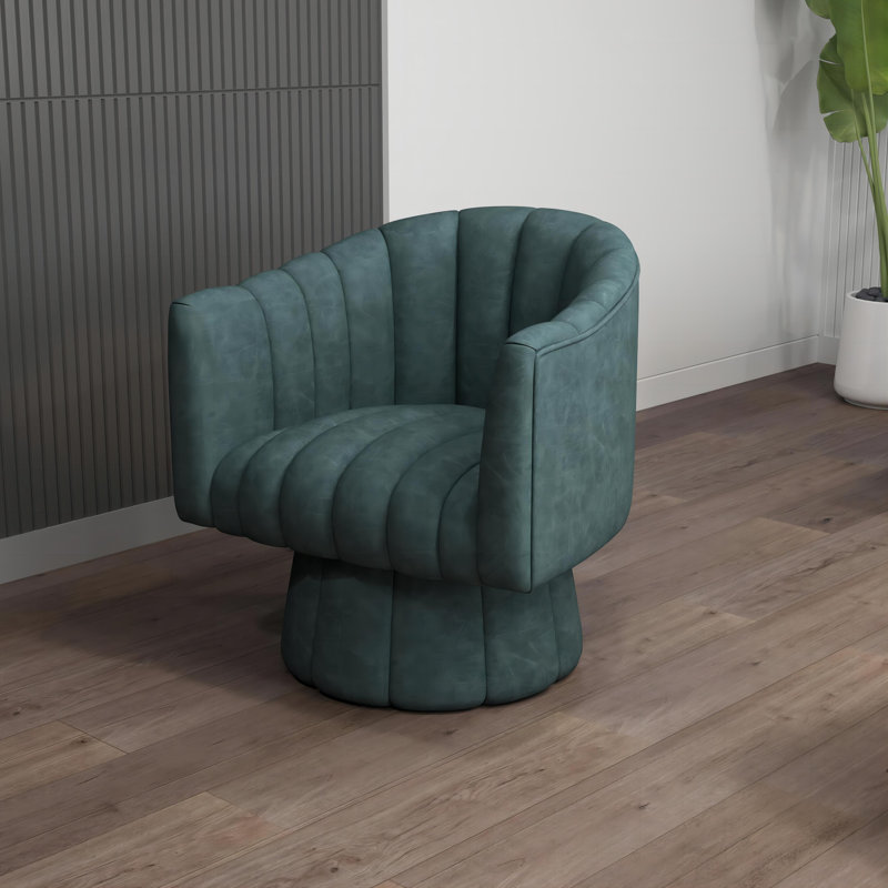 Faux Leather Upholstered Swivel Barrel Chair, Haze Blue Faux Leather, 1