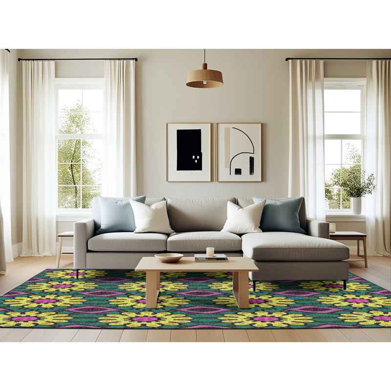 Tapis décoratif floral vert/rouge Neruda, Rectangle 6 pi x 9 pi
