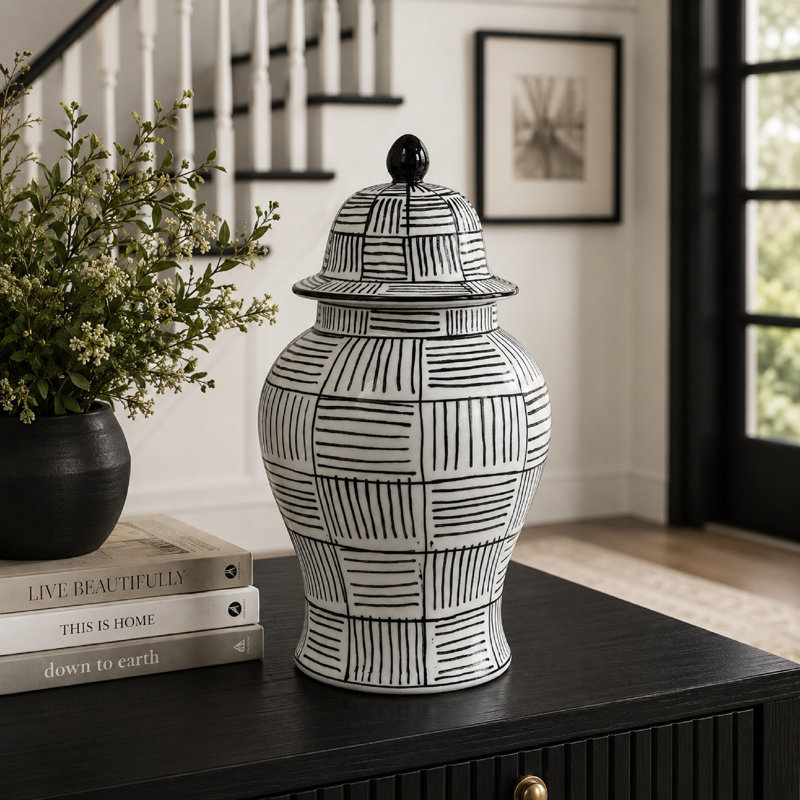 Pot de loi Loi avec couvercle, céramique noire à motif quadrillé, décor de 13 pouces