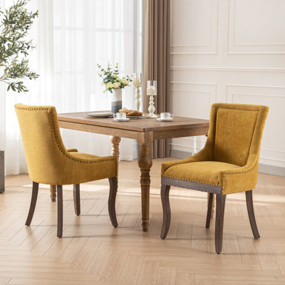 Of 2 Dining Chairs In Golden Yellow, Thickened Fabric Upholstery, Solid Wood Construction, High Back Support For Exceptional Comfort, Charming Rivets, Foam Cushioned Seat, American Design Essence