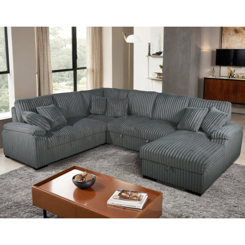 Corduroy U-Shape Sectional With Pull Out Bed & Storage Chaise + 6 Pillows, Gray Corduroy, Right Hand Facing