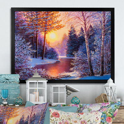 Winter River Canvas Wall Art, Sunset Snow Landscape Print - Sunset On Winter River II