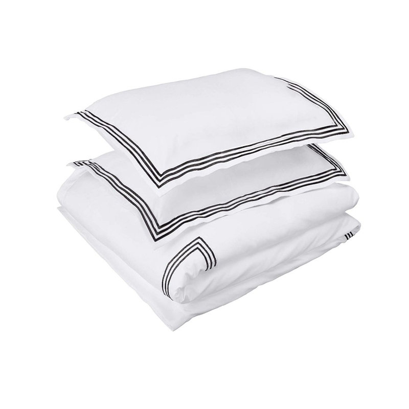 400TC Cotton Triple Embroidery Sateen Solid Duvet Cover Set, White/Black, Twin/Twin XL Duvet Cover