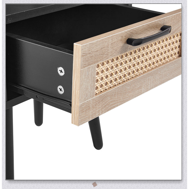 15.75 Inch Rattan End Table with Drawer, Nightstand for Living Room, Smooth Sliding and Secure Charging, Black
