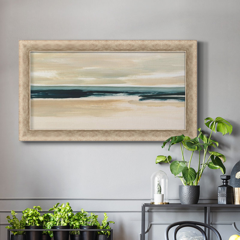 «Sand and Sea I», peinture sur toile à cadre unique, Encadré gris, H 25 po x l 45 po x P 1,25 po