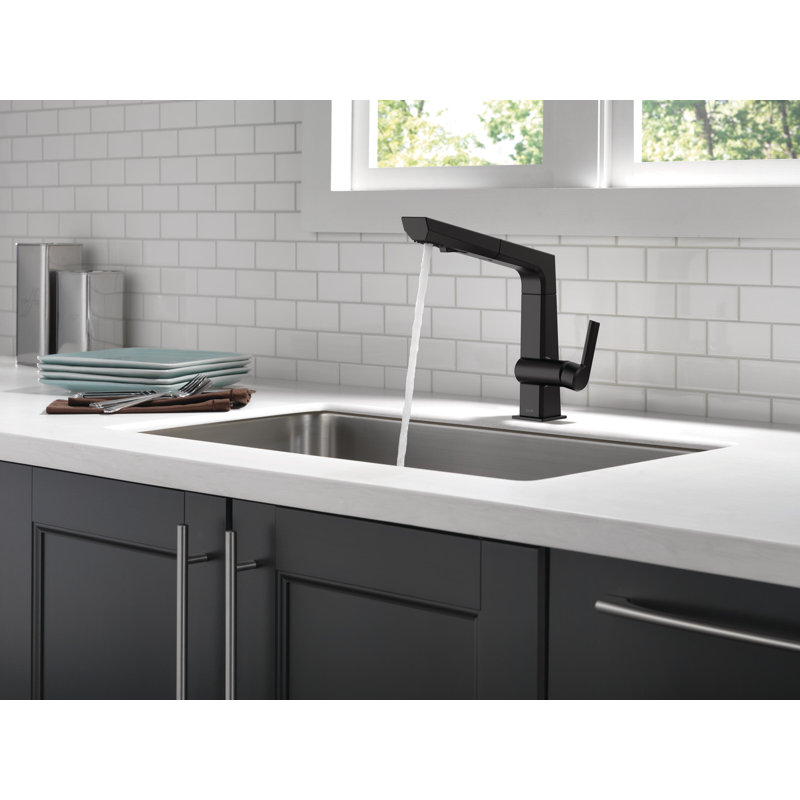 Robinet de cuisine pivotant à poignée simple avec accessoires, Noir mat