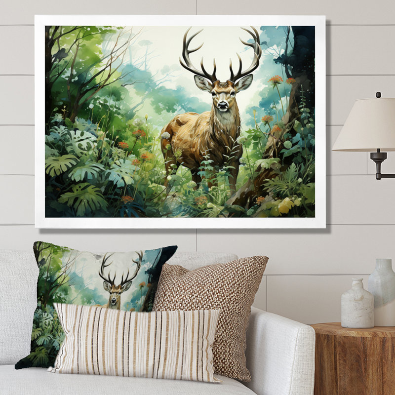 Deer Emerald Grace I - Animals Wall Art Prints, H 34 po x l 44 po x P 1,5 po, Cadre simple blanc