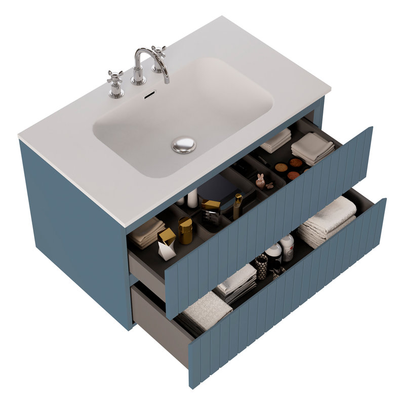 Meuble-lavabo simple flottant cannelé 36 po Atharv, Denim Blue, L 36 po
